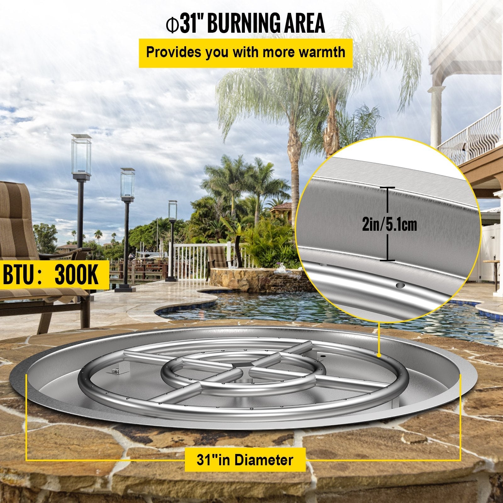 VEVOR Drop in Fire Pit Pan, 31" x 31" Round Fire Pit Burner, Stainless Steel Gas Fire Pan, Fire Pit Burner Pan w/ 1 Pack Volcanic Rock Fire Pit Insert w/ 300K BTU for Keeping Warm w/ Family & Friends 