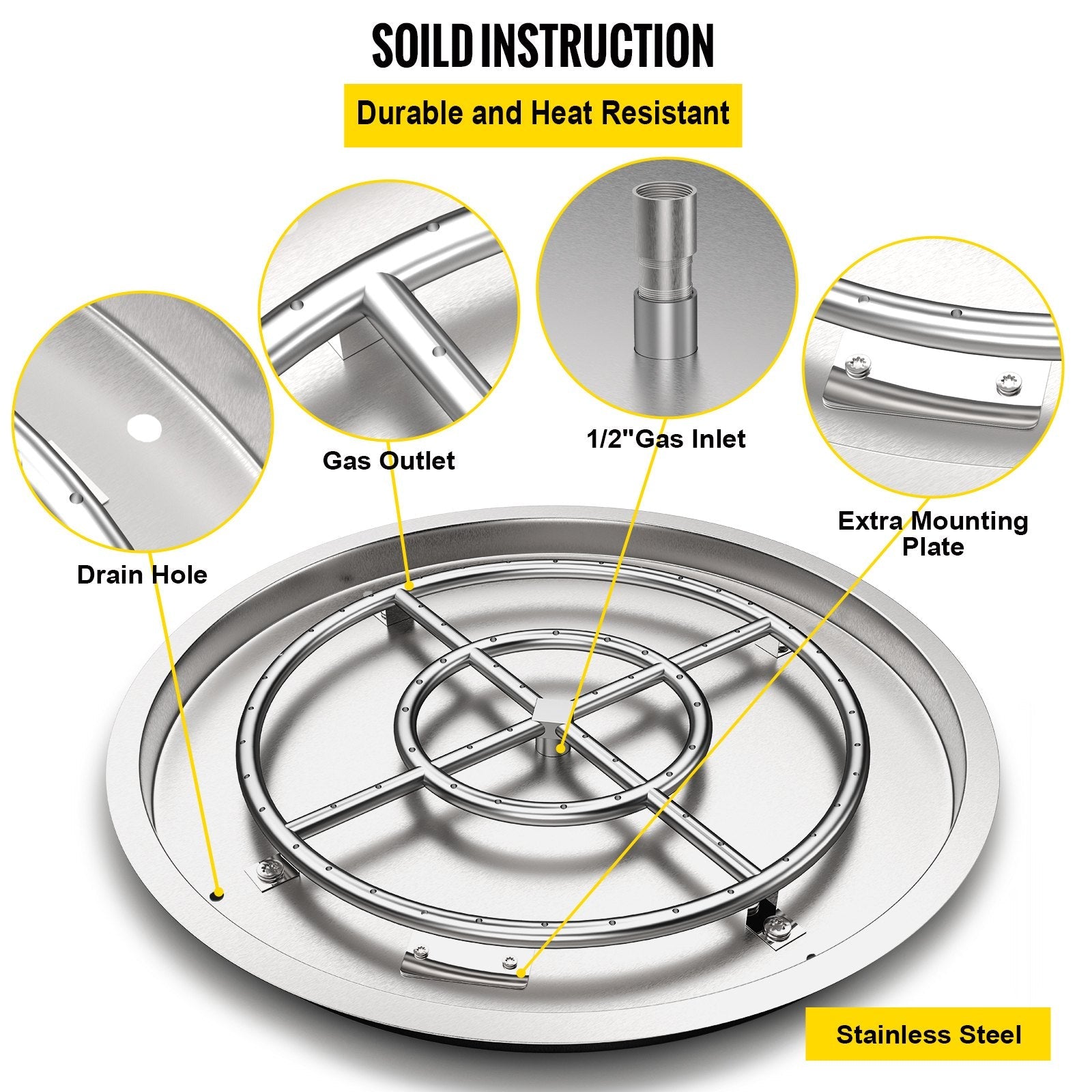 VEVOR Drop in Fire Pit Pan, 31" x 31" Round Fire Pit Burner, Stainless Steel Gas Fire Pan, Fire Pit Burner Pan w/ 1 Pack Volcanic Rock Fire Pit Insert w/ 300K BTU for Keeping Warm w/ Family & Friends 