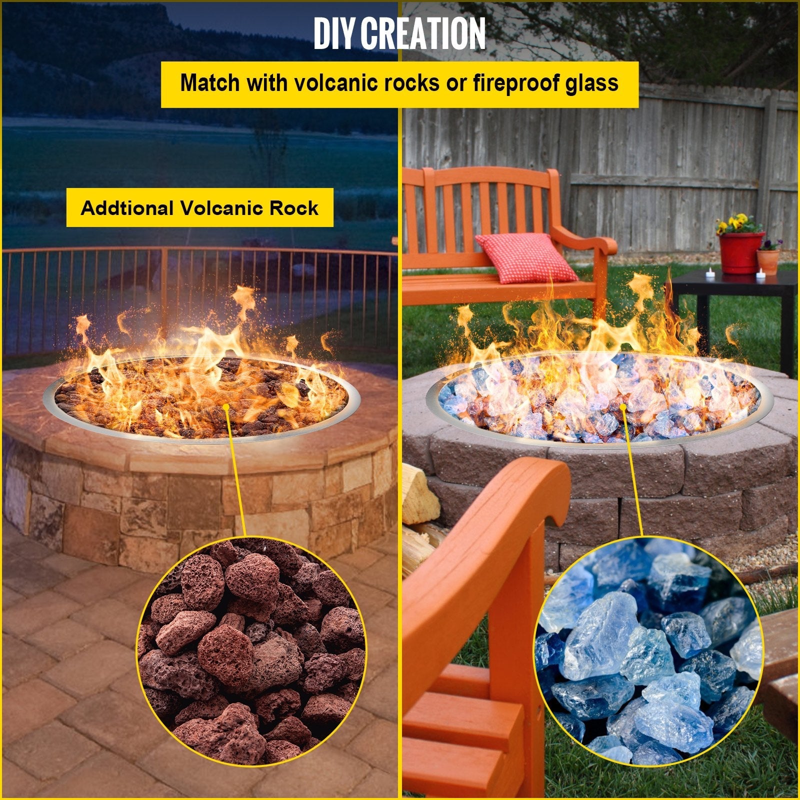 VEVOR Drop in Fire Pit Pan, 31" x 31" Round Fire Pit Burner, Stainless Steel Gas Fire Pan, Fire Pit Burner Pan w/ 1 Pack Volcanic Rock Fire Pit Insert w/ 300K BTU for Keeping Warm w/ Family & Friends 