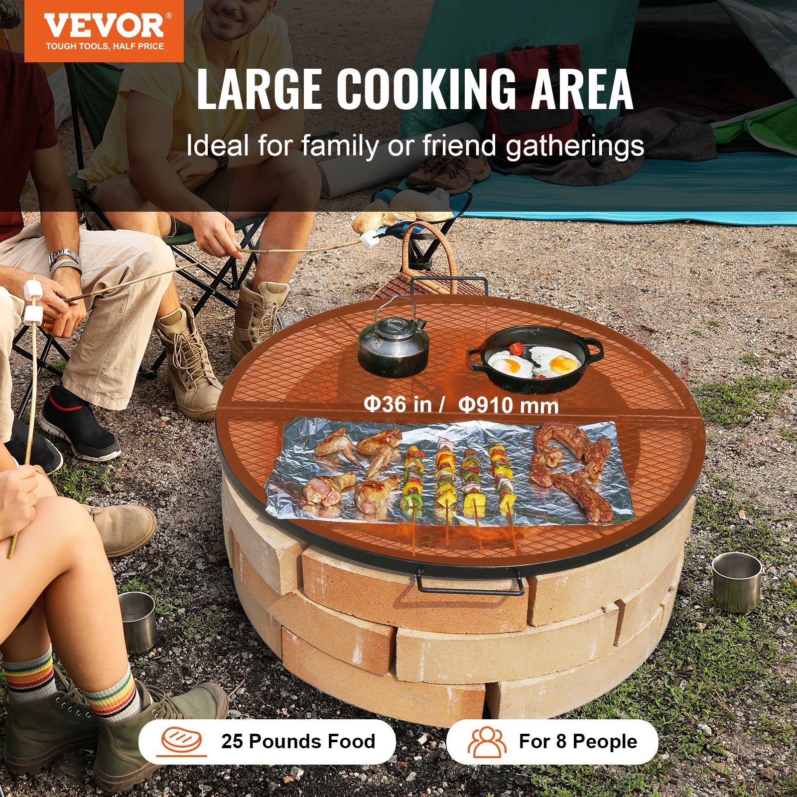 VEVOR X-Marks Fire Pit Grill Grate, Foldable Round Cooking Grate, Heavy Duty Steel Campfire BBQ Grill Grid with Handle and Support X Wire, Portable Camping Cookware for Outside Party, 36 Inch Black 
