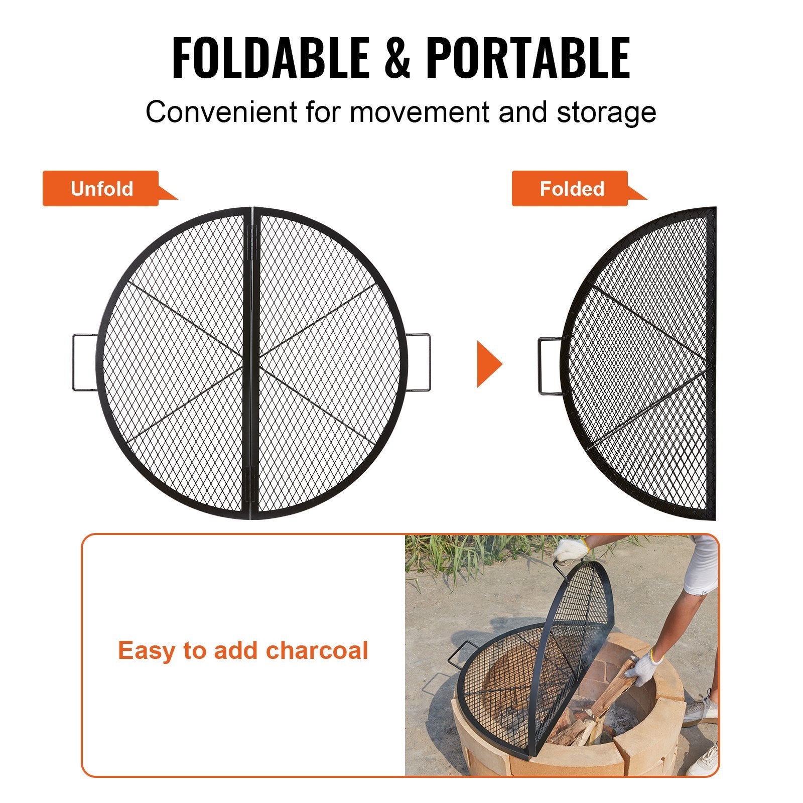 VEVOR X-Marks Fire Pit Grill Grate, Foldable Round Cooking Grate, Heavy Duty Steel Campfire BBQ Grill Grid with Handle and Support X Wire, Portable Camping Cookware for Outside Party, 36 Inch Black 