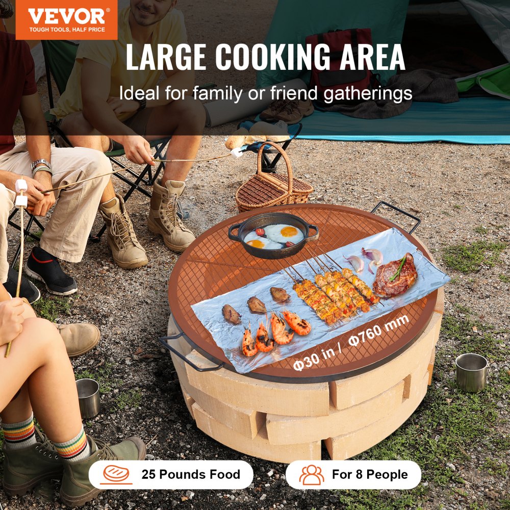 VEVOR X-Marks Fire Pit Grill Grate, Round Cooking Grate, Heavy Duty Steel Campfire BBQ Grill Grid with Handle and Support X Wire, Portable Camping Cookware for Outside Party & Gathering, 30 Inch Black 