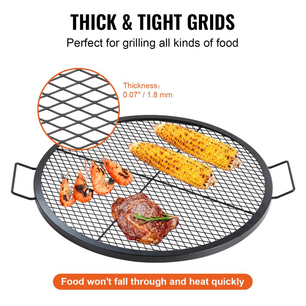 VEVOR X-Marks Fire Pit Grill Grate, Round Cooking Grate, Heavy Duty Steel Campfire BBQ Grill Grid with Handle and Support X Wire, Portable Camping Cookware for Outside Party & Gathering, 30 Inch Black 