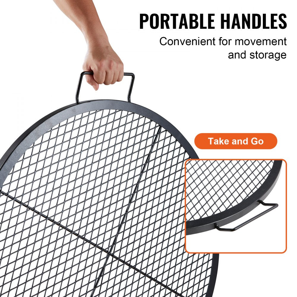 VEVOR X-Marks Fire Pit Grill Grate, Round Cooking Grate, Heavy Duty Steel Campfire BBQ Grill Grid with Handle and Support X Wire, Portable Camping Cookware for Outside Party & Gathering, 30 Inch Black 