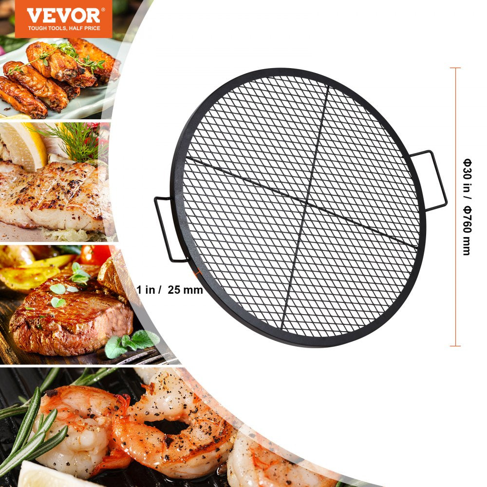 VEVOR X-Marks Fire Pit Grill Grate, Round Cooking Grate, Heavy Duty Steel Campfire BBQ Grill Grid with Handle and Support X Wire, Portable Camping Cookware for Outside Party & Gathering, 30 Inch Black 