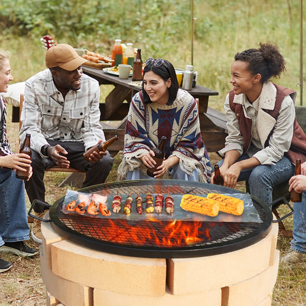 VEVOR X-Marks Fire Pit Grill Grate, Round Cooking Grate, Heavy Duty Steel Campfire BBQ Grill Grid with Handle and Support X Wire, Portable Camping Cookware for Outside Party & Gathering, 30 Inch Black 