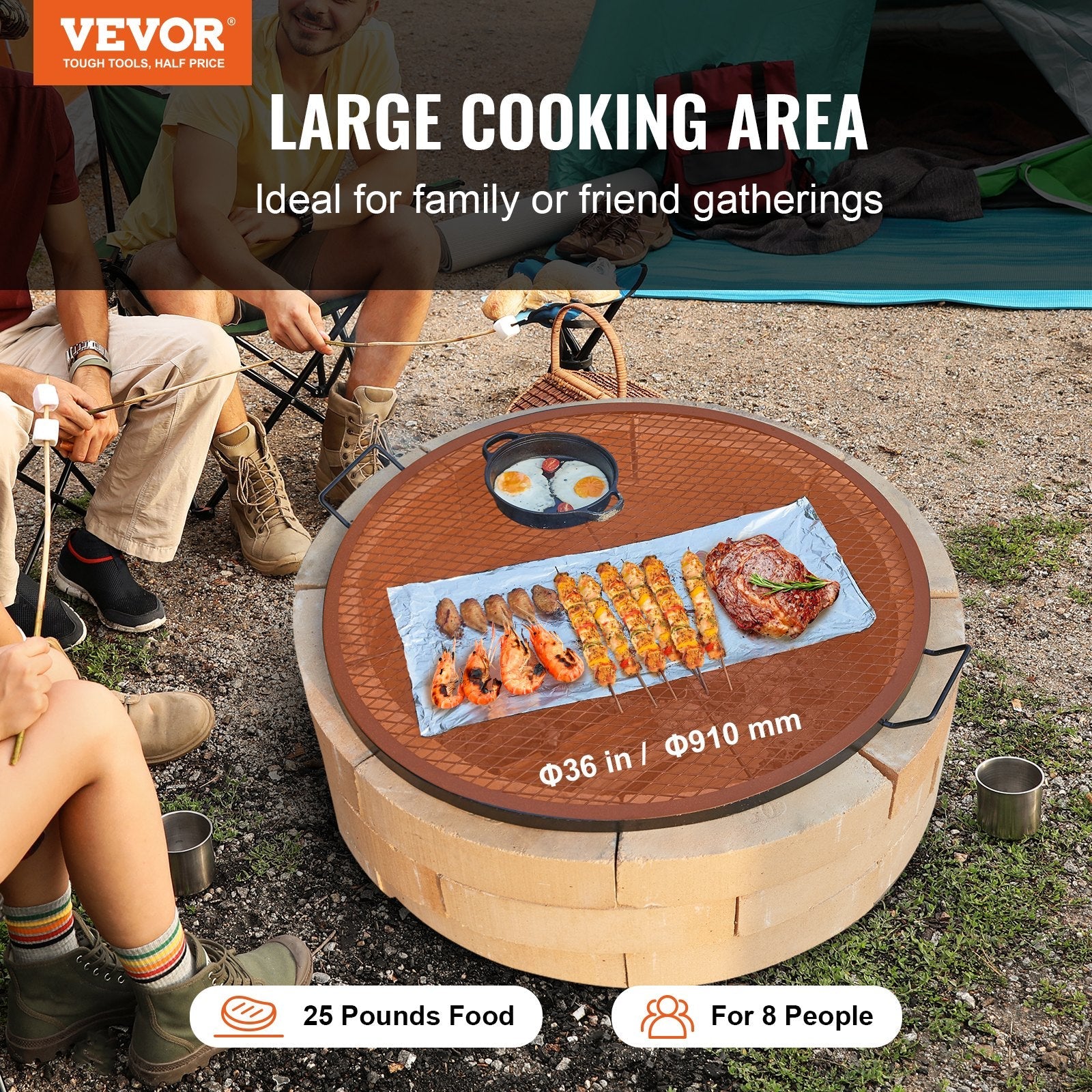 VEVOR X-Marks Fire Pit Grill Grate, Round Cooking Grate, Heavy Duty Steel Campfire BBQ Grill Grid with Handle and Support X Wire, Portable Camping Cookware for Outside Party & Gathering, 36 Inch Black 