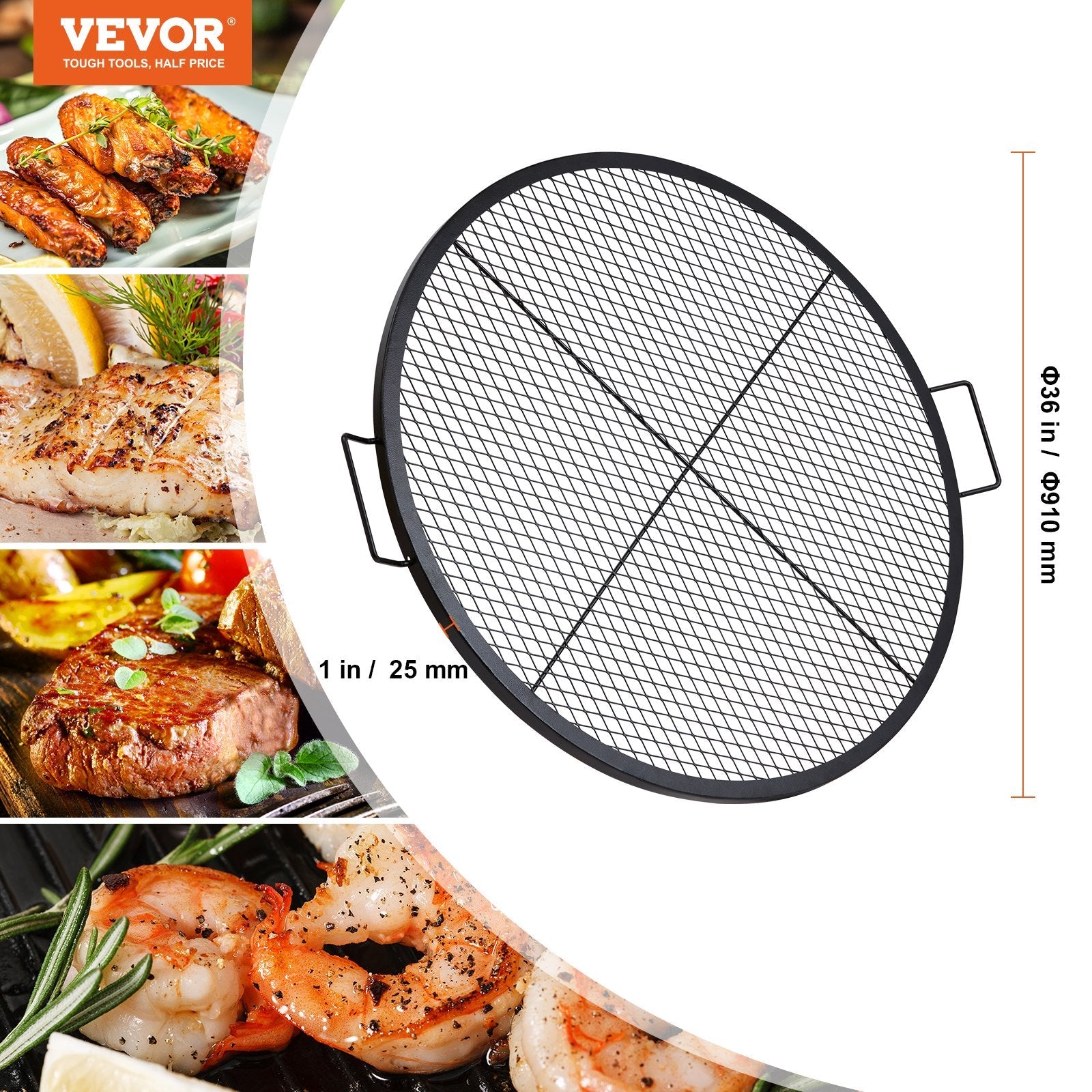 VEVOR X-Marks Fire Pit Grill Grate, Round Cooking Grate, Heavy Duty Steel Campfire BBQ Grill Grid with Handle and Support X Wire, Portable Camping Cookware for Outside Party & Gathering, 36 Inch Black 
