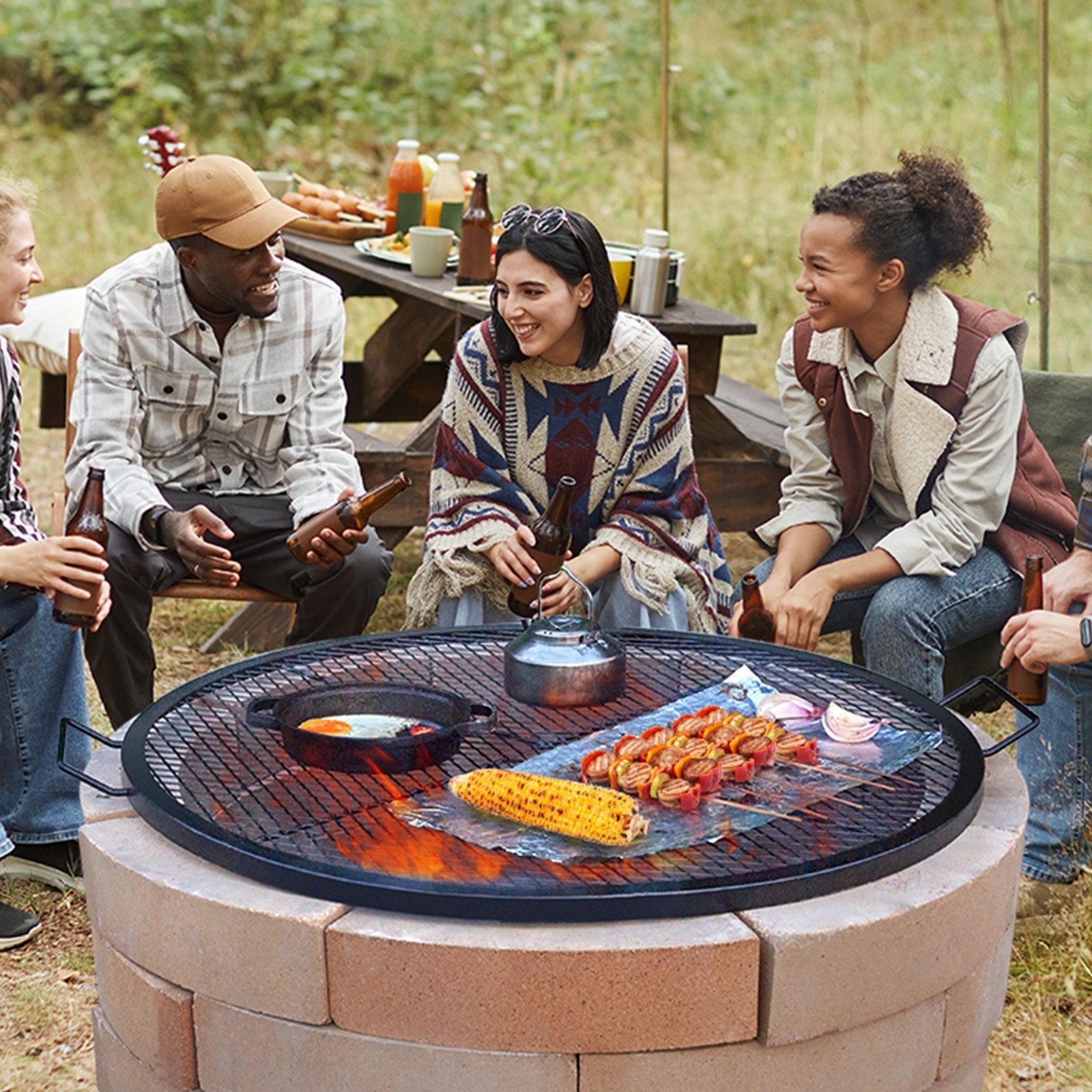 VEVOR X-Marks Fire Pit Grill Grate, Round Cooking Grate, Heavy Duty Steel Campfire BBQ Grill Grid with Handle and Support X Wire, Portable Camping Cookware for Outside Party & Gathering, 36 Inch Black 