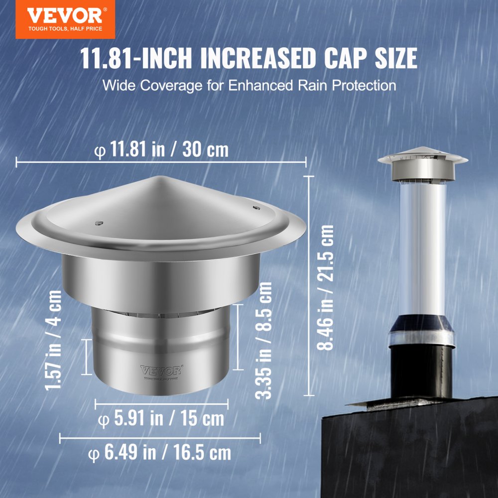 VEVOR Chimney Cap, 6 inch, 304 Stainless Steel Round Roof Rain Cap, 11.81-inch Increased Caps, All Weather & Reinforced Screws & Easy Installation, for Perfect Insulation Vent Cover Outside, Silver 