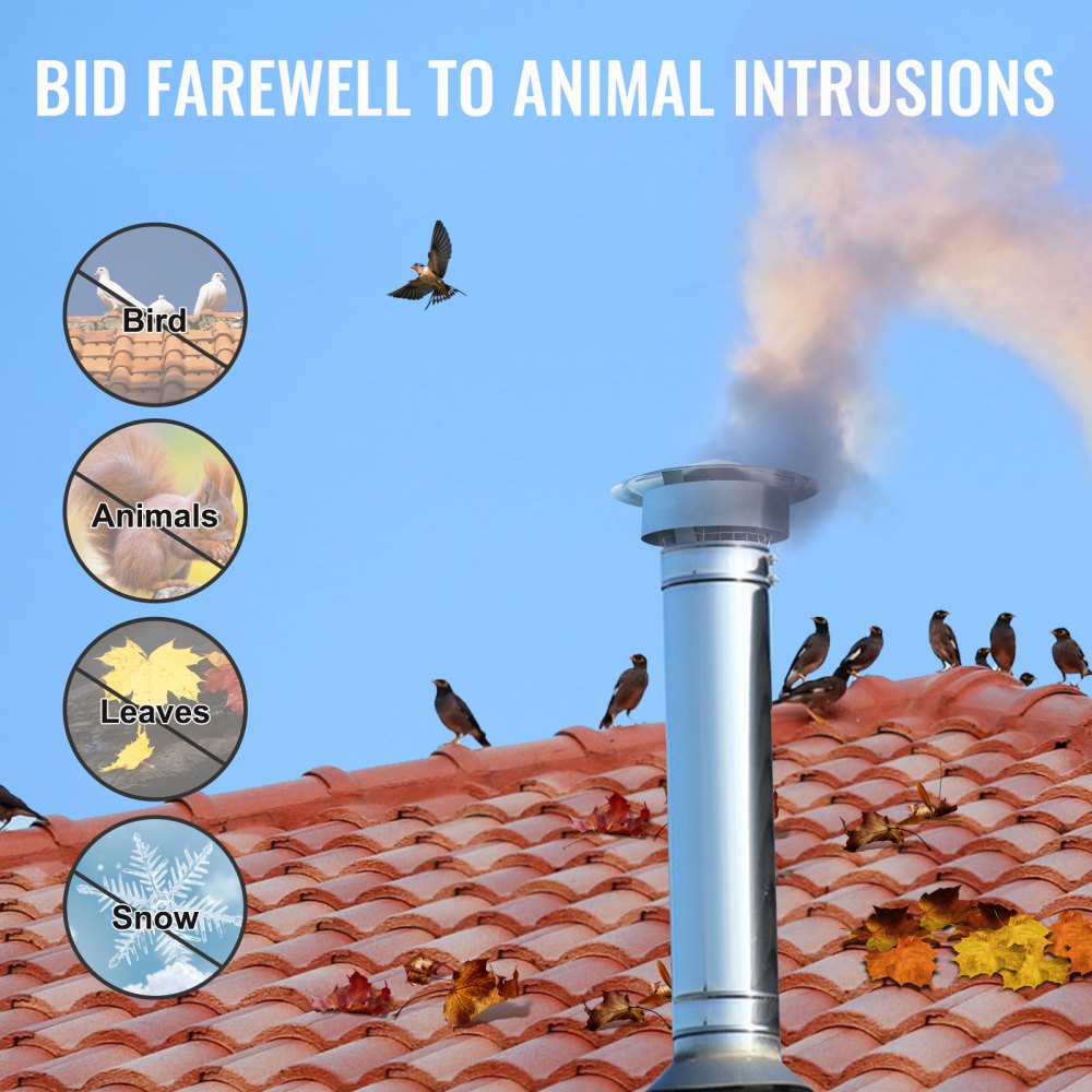 VEVOR Chimney Cap, 6 inch, 304 Stainless Steel Round Roof Rain Cap, 11.81-inch Increased Caps, All Weather & Reinforced Screws & Easy Installation, for Perfect Insulation Vent Cover Outside, Silver 