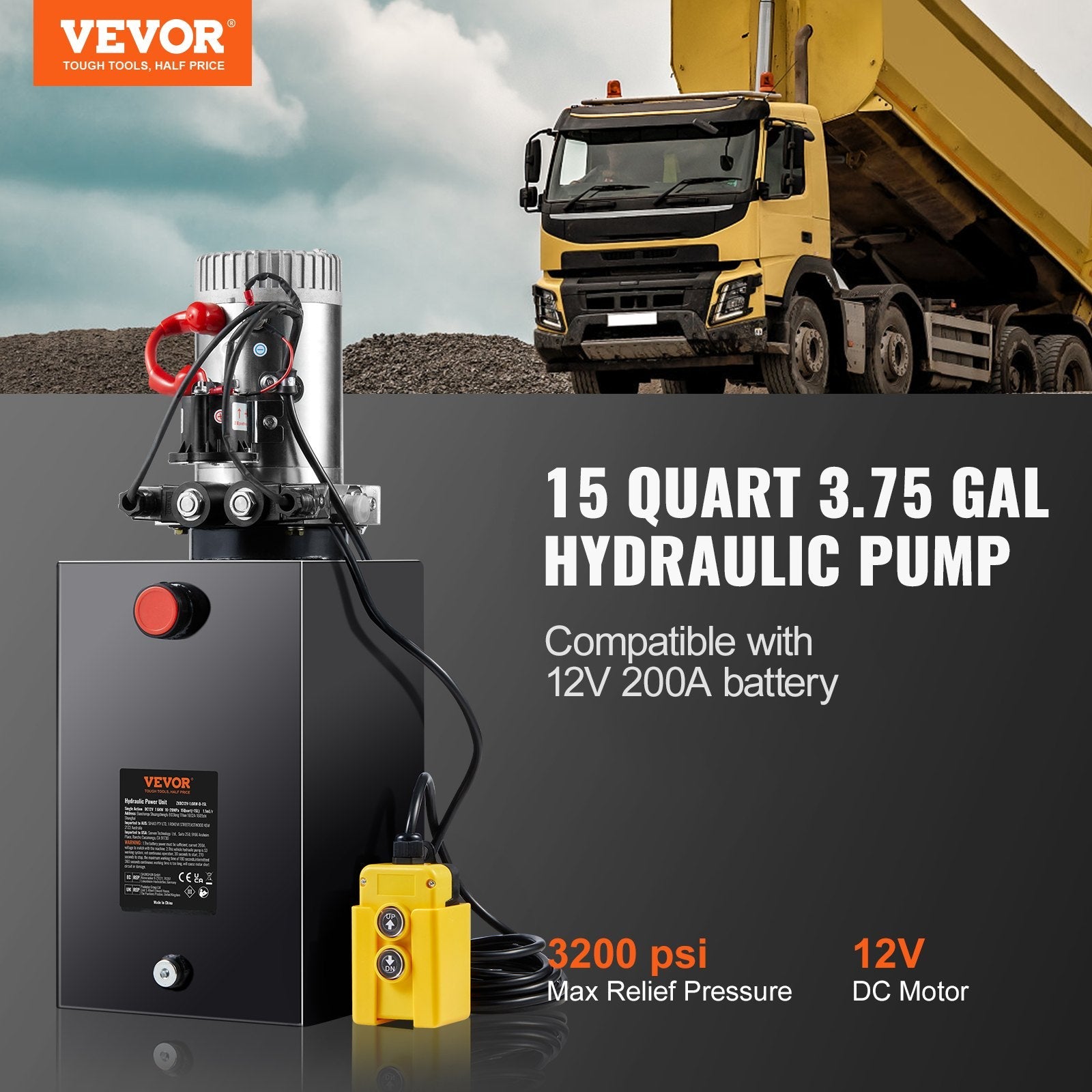 VEVOR Hydraulic Pump, 15 Quart Hydraulic Power Unit, Double Acting Dump Trailer Pump, 0.91 GPM Flow Rate, 3200 PSI Max Relief Pressure, DC 12V Hydraulic Pump for Dump Trailer Car Lifting 