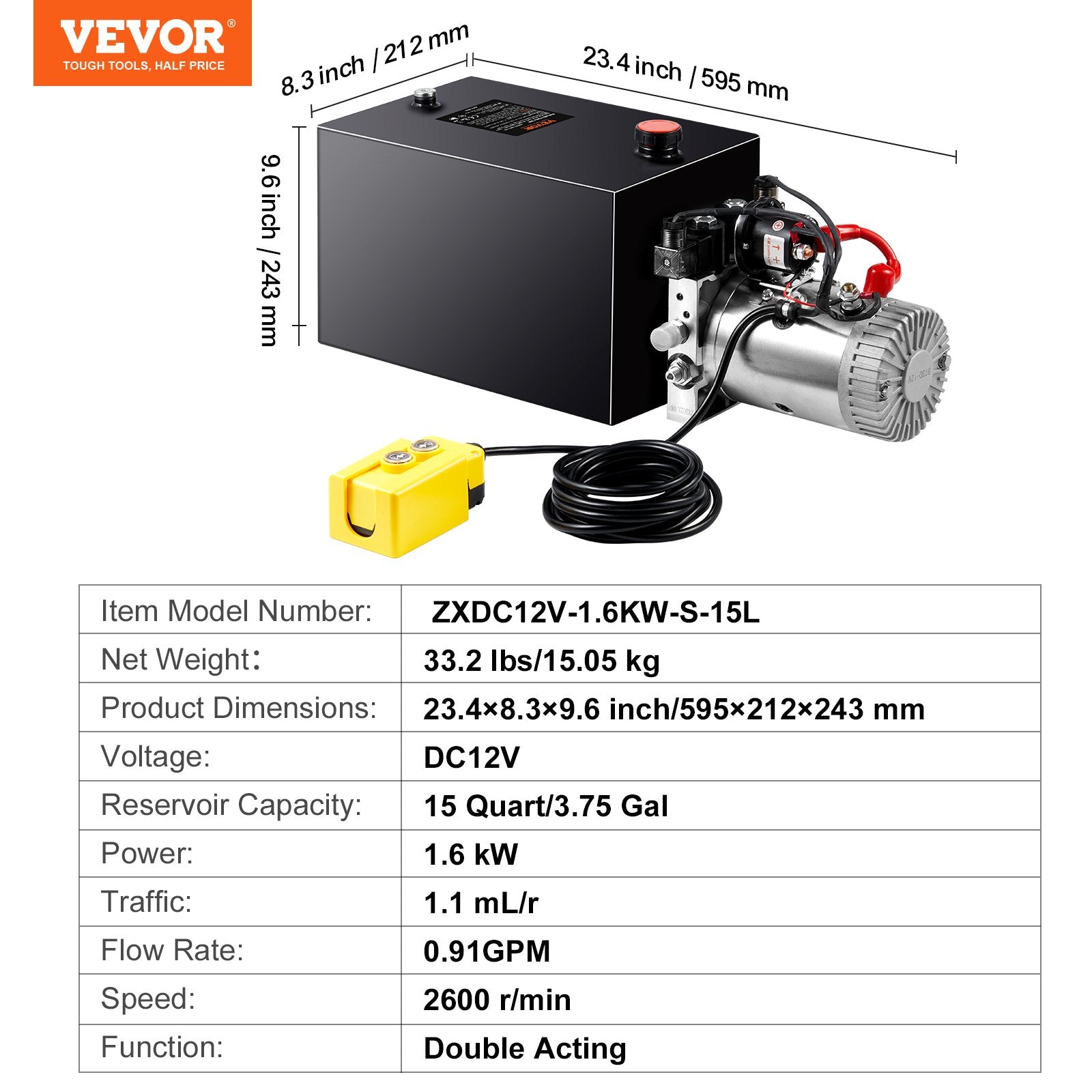VEVOR Hydraulic Pump, 15 Quart Hydraulic Power Unit, Double Acting Dump Trailer Pump, 0.91 GPM Flow Rate, 3200 PSI Max Relief Pressure, DC 12V Hydraulic Pump for Dump Trailer Car Lifting 