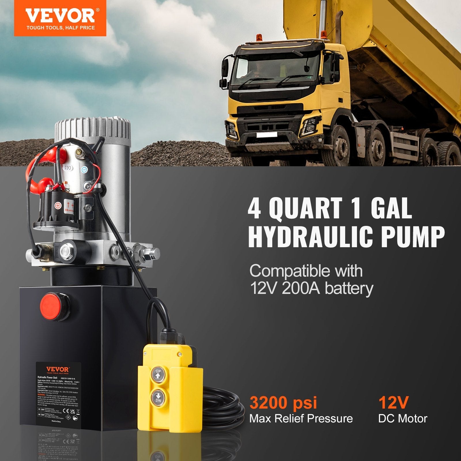 VEVOR Hydraulic Pump, 4 Quart Hydraulic Power Unit, Single Acting Dump Trailer Pump, 0.91 GPM Flow Rate, 3200 PSI Max Relief Pressure, DC 12V Hydraulic Pump for Dump Trailer Car Lifting 