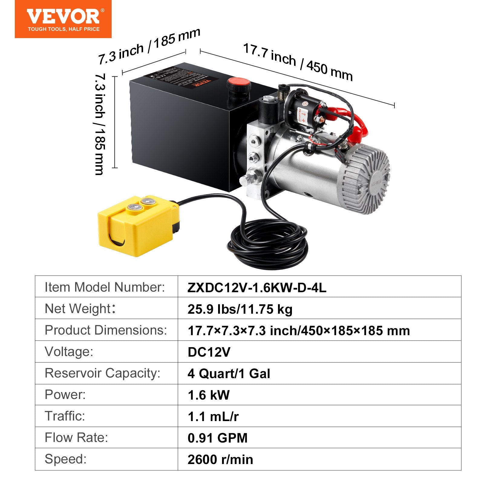 VEVOR Hydraulic Pump, 4 Quart Hydraulic Power Unit, Single Acting Dump Trailer Pump, 0.91 GPM Flow Rate, 3200 PSI Max Relief Pressure, DC 12V Hydraulic Pump for Dump Trailer Car Lifting 