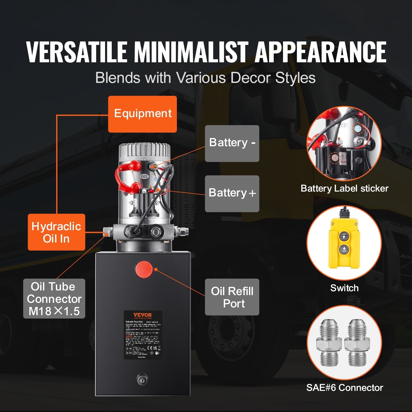 VEVOR Hydraulic Pump, 20 Quart Hydraulic Power Unit, Single Acting Dump Trailer Pump, 0.91 GPM Flow Rate, 3200 PSI Max Relief Pressure, DC 12V Hydraulic Pump for Dump Trailer Car Lifting 