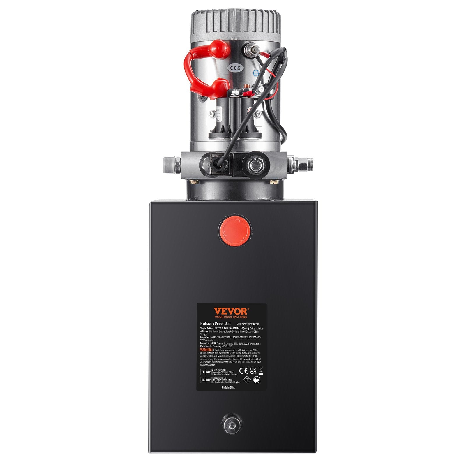 VEVOR Hydraulic Pump, 20 Quart Hydraulic Power Unit, Single Acting Dump Trailer Pump, 0.91 GPM Flow Rate, 3200 PSI Max Relief Pressure, DC 12V Hydraulic Pump for Dump Trailer Car Lifting 