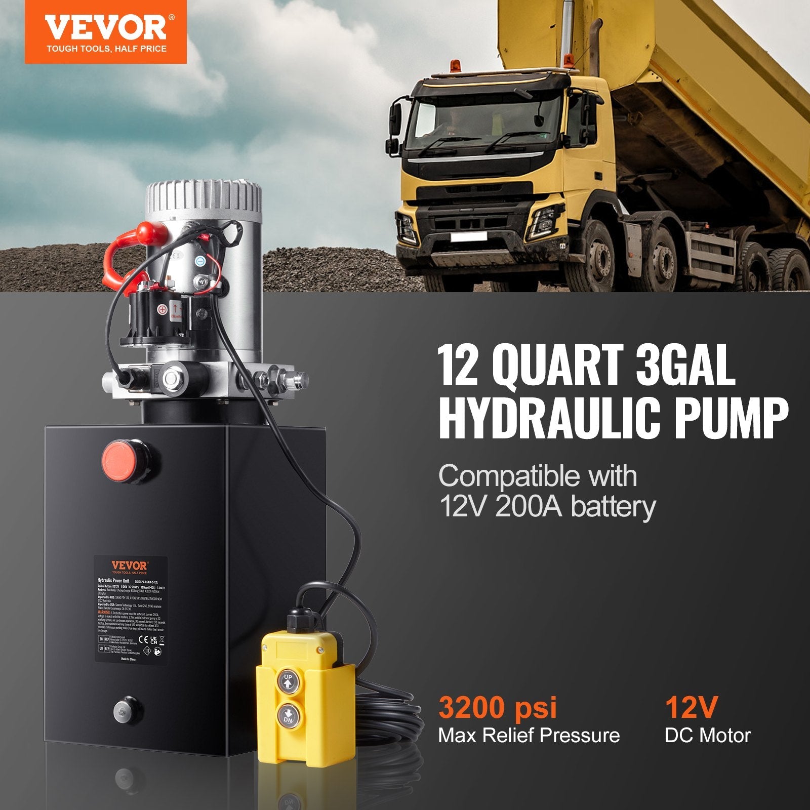 VEVOR Hydraulic Pump, 12 Quart Hydraulic Power Unit, Single Acting Dump Trailer Pump, 0.91 GPM Flow Rate, 3200 PSI Max Relief Pressure, DC 12V Hydraulic Pump for Dump Trailer Car Lifting 