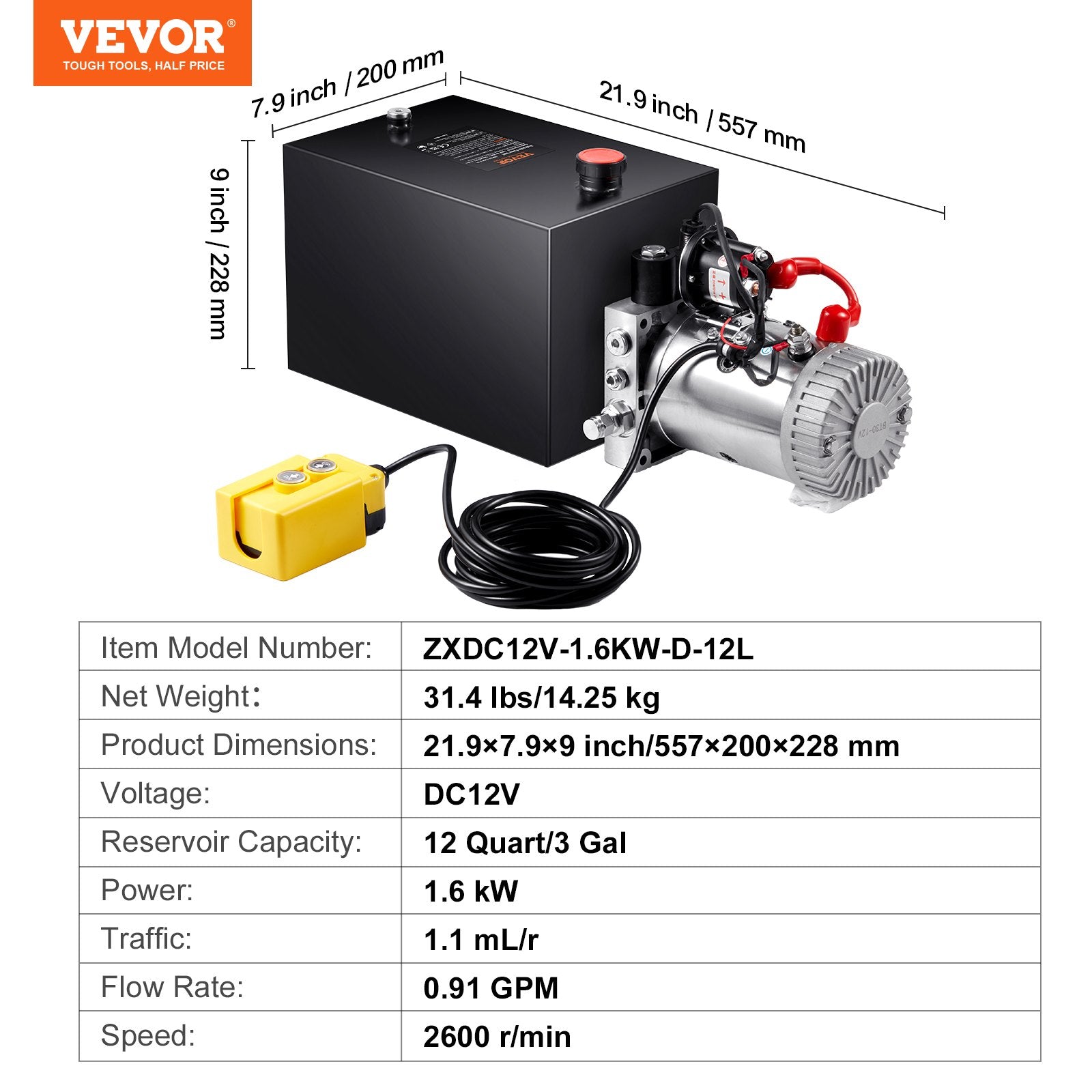 VEVOR Hydraulic Pump, 12 Quart Hydraulic Power Unit, Single Acting Dump Trailer Pump, 0.91 GPM Flow Rate, 3200 PSI Max Relief Pressure, DC 12V Hydraulic Pump for Dump Trailer Car Lifting 