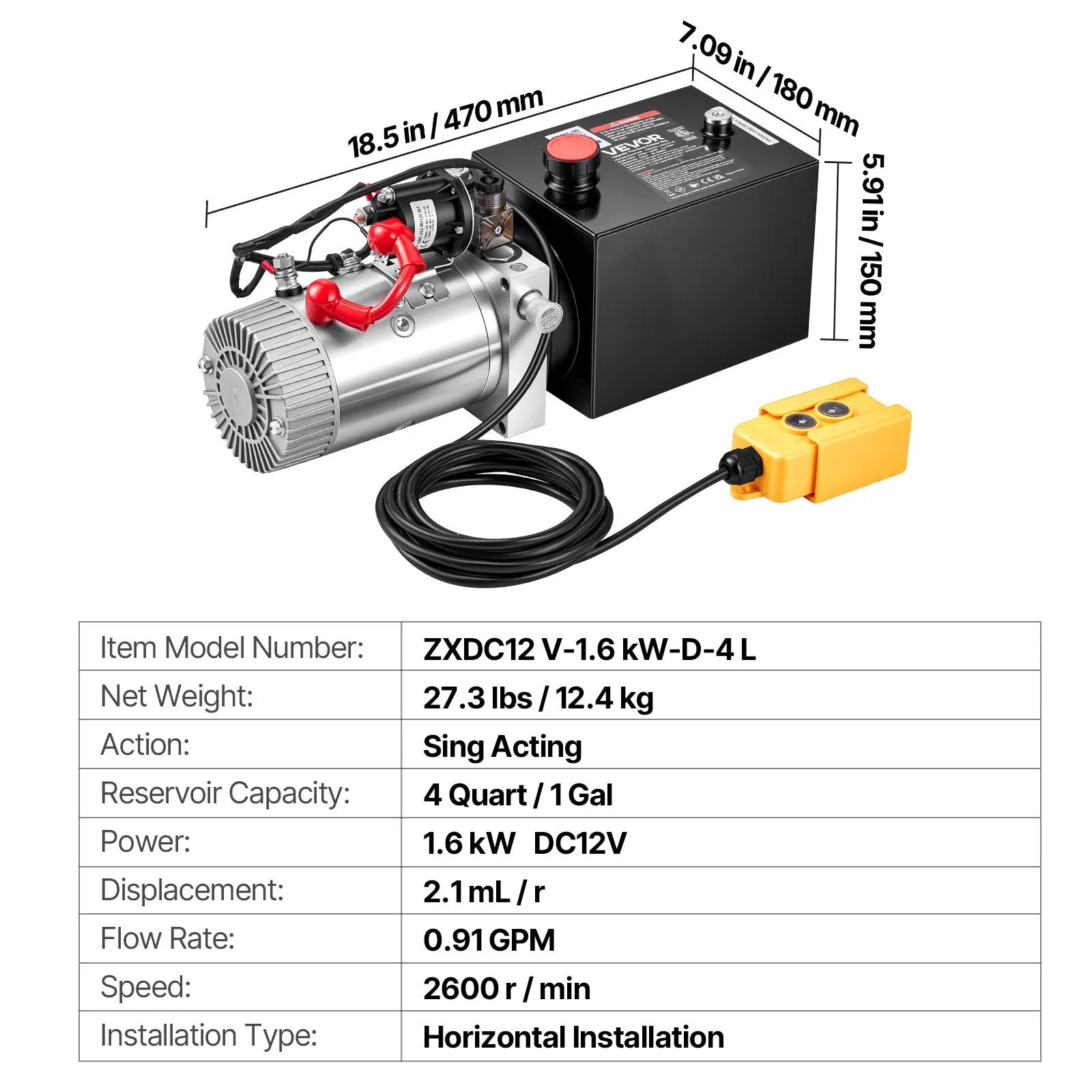 4-Quart 12V Hydraulic Pump – Single-Acting 1.6kW Power Unit, 3200 PSI