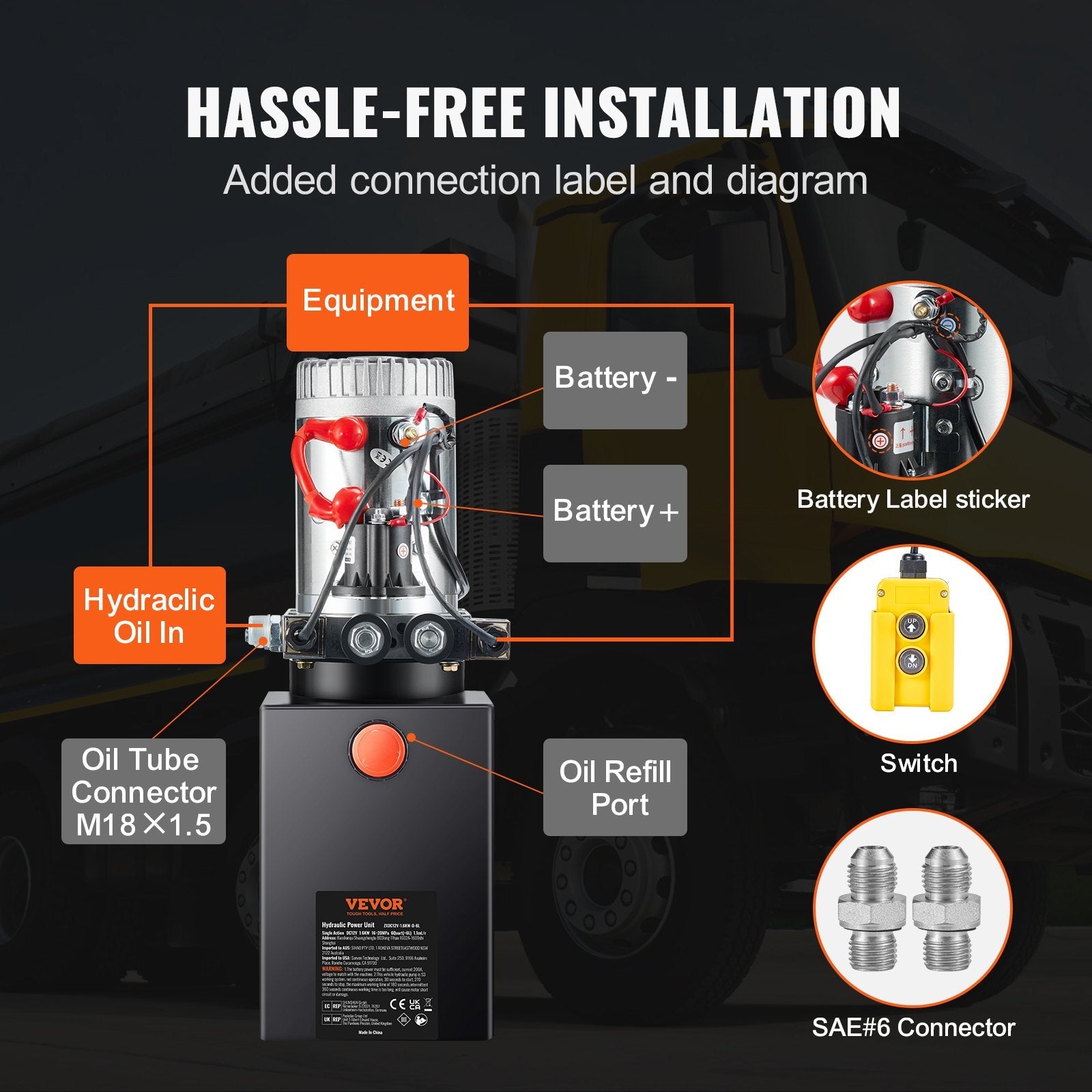 VEVOR Hydraulic Pump, 6 Quart Hydraulic Power Unit, Double Acting Dump Trailer Pump, 0.91 GPM Flow Rate, 3200 PSI Max Relief Pressure, DC 12V Hydraulic Pump for Dump Trailer Car Lifting 