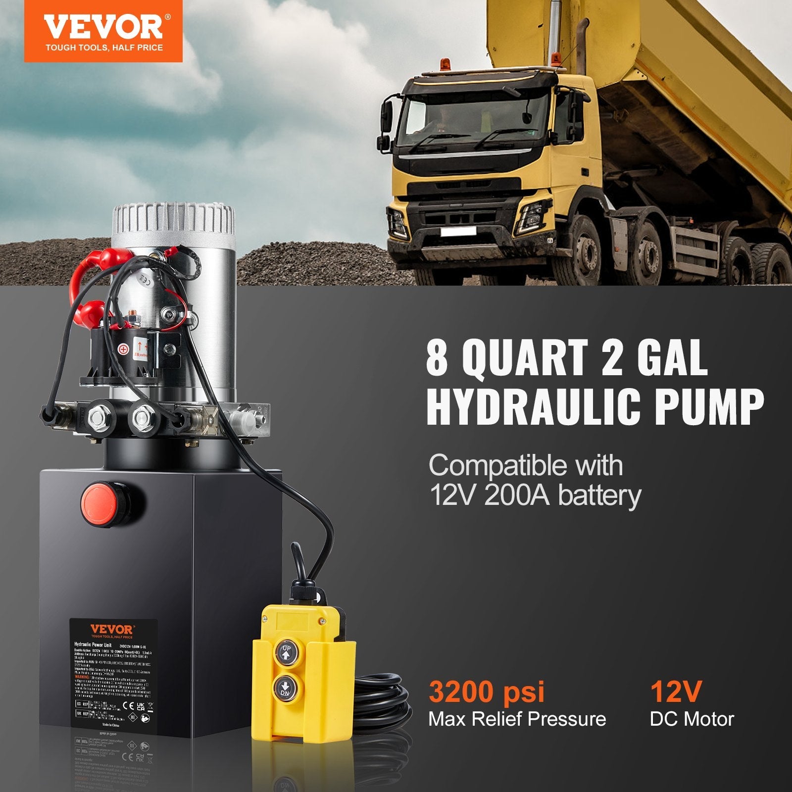 VEVOR Hydraulic Pump, 8 Quart Hydraulic Power Unit, Double Acting Dump Trailer Pump, 0.91 GPM Flow Rate, 3200 PSI Max Relief Pressure, DC 12V Hydraulic Pump for Dump Trailer Car Lifting 