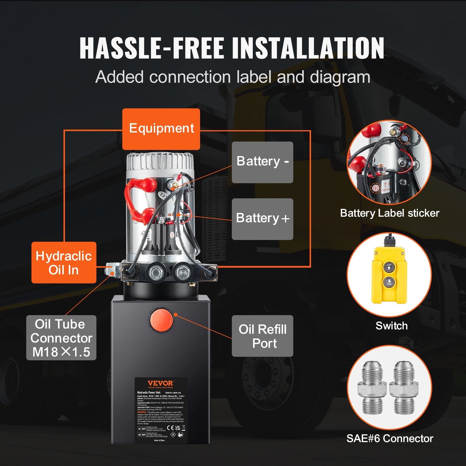VEVOR Hydraulic Pump, 8 Quart Hydraulic Power Unit, Double Acting Dump Trailer Pump, 0.91 GPM Flow Rate, 3200 PSI Max Relief Pressure, DC 12V Hydraulic Pump for Dump Trailer Car Lifting 