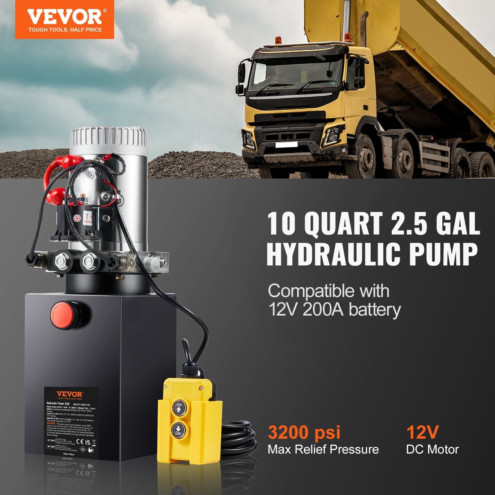 VEVOR Hydraulic Pump, 10 Quart Hydraulic Power Unit, Double Acting Dump Trailer Pump, 0.91 GPM Flow Rate, 3200 PSI Max Relief Pressure, DC 12V Hydraulic Pump for Dump Trailer Car Lifting 