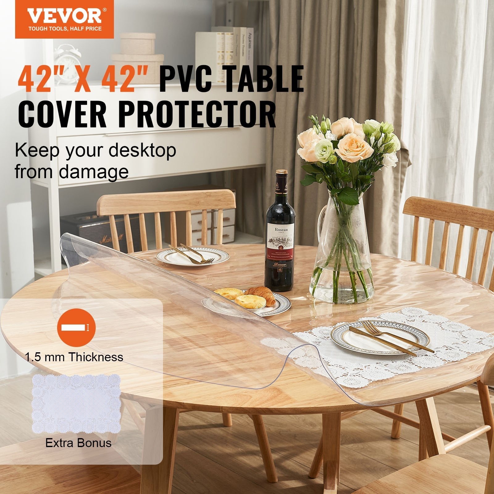 VEVOR Clear Table Cover Protector, 42 inch/1068 mm Round Table Cover, 1.5 mm Thick PVC Plastic Tablecloth, Waterproof Desktop Protector for Writing Desk, Coffee Table, Dining Room Table 