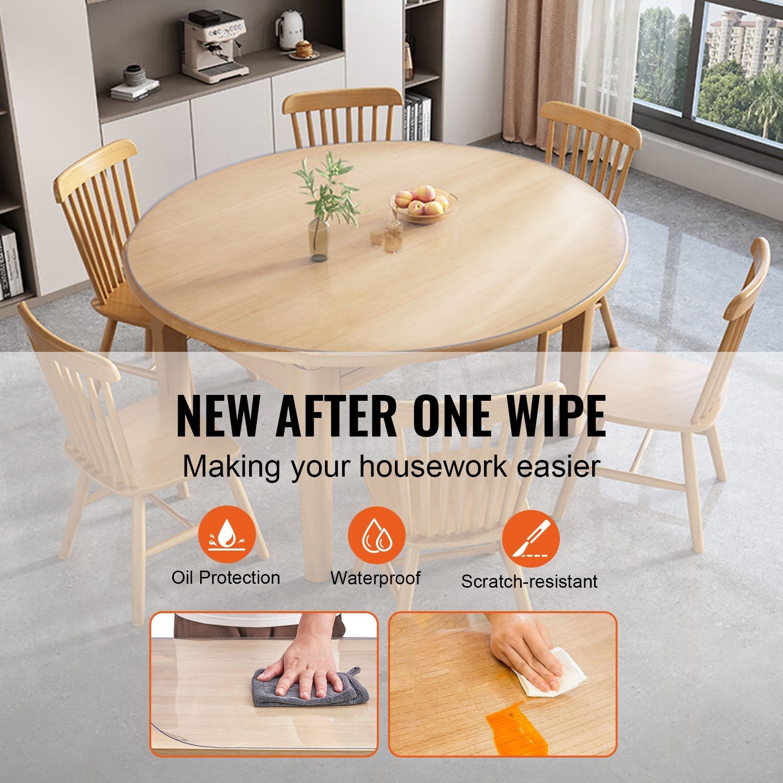 VEVOR Clear Table Cover Protector, 42 inch/1068 mm Round Table Cover, 1.5 mm Thick PVC Plastic Tablecloth, Waterproof Desktop Protector for Writing Desk, Coffee Table, Dining Room Table 
