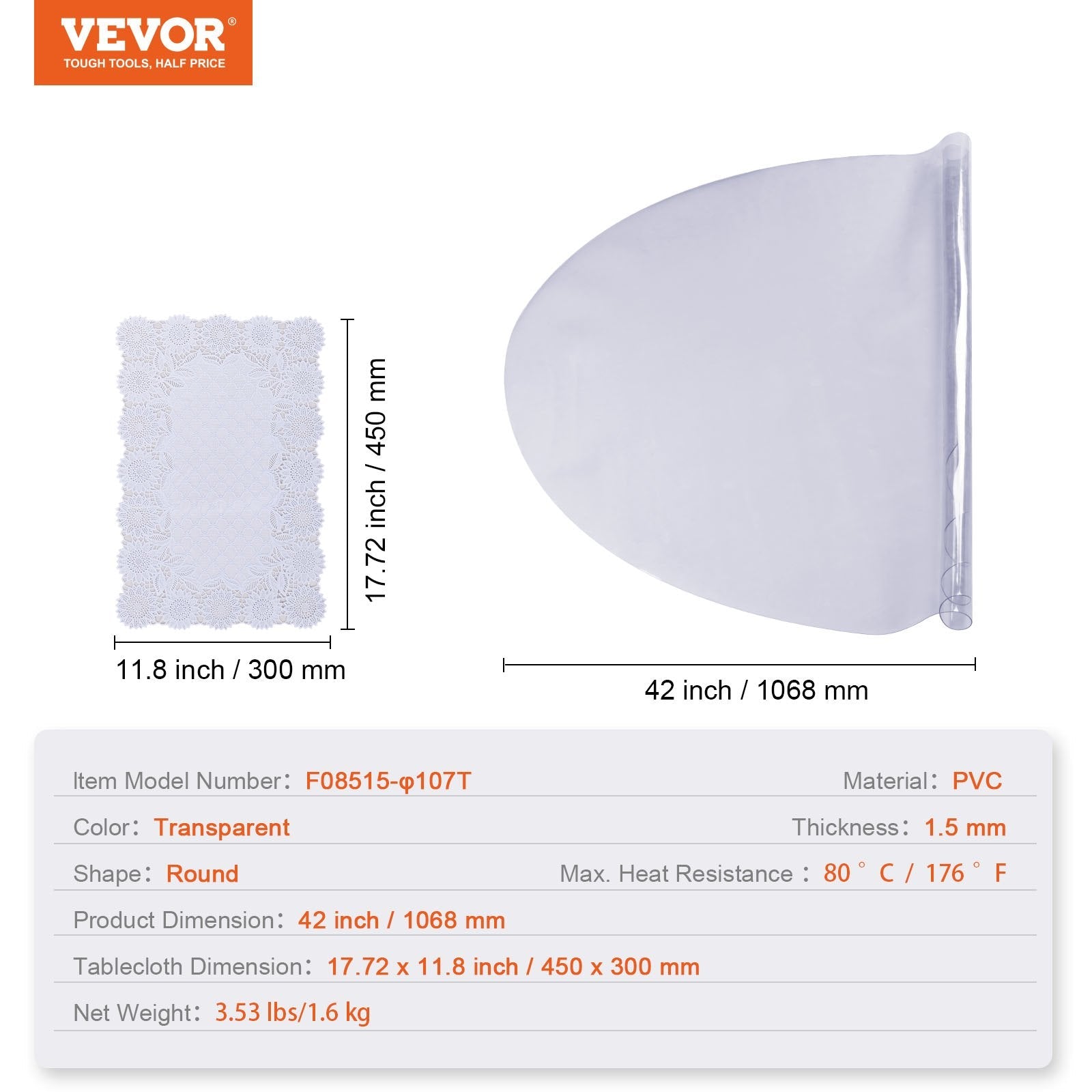 VEVOR Clear Table Cover Protector, 42 inch/1068 mm Round Table Cover, 1.5 mm Thick PVC Plastic Tablecloth, Waterproof Desktop Protector for Writing Desk, Coffee Table, Dining Room Table 