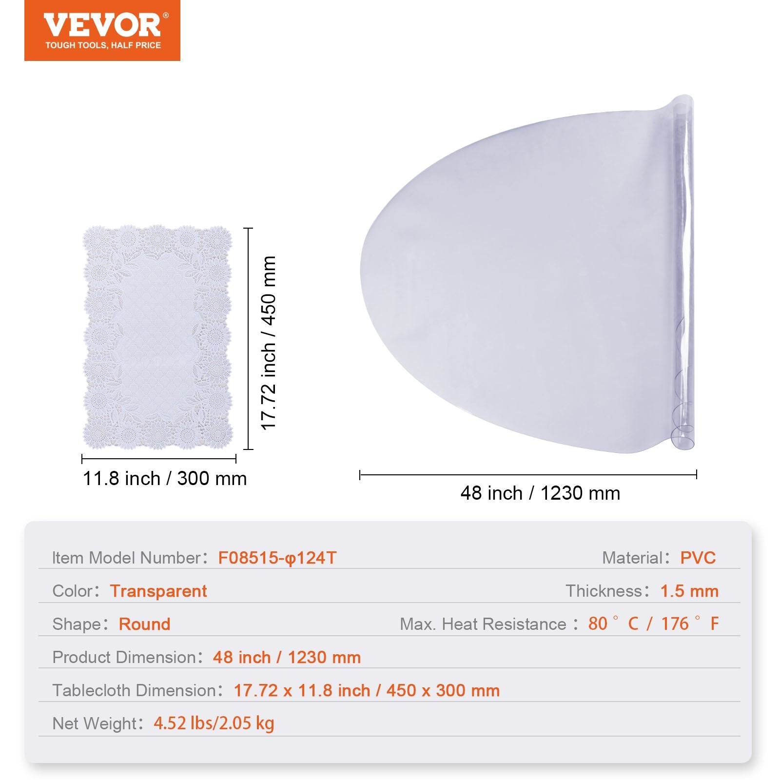 VEVOR Clear Table Cover Protector, 48 inch/1230 mm Round Table Cover, 1.5 mm Thick PVC Plastic Tablecloth, Waterproof Desktop Protector for Writing Desk, Coffee Table, Dining Room Table 