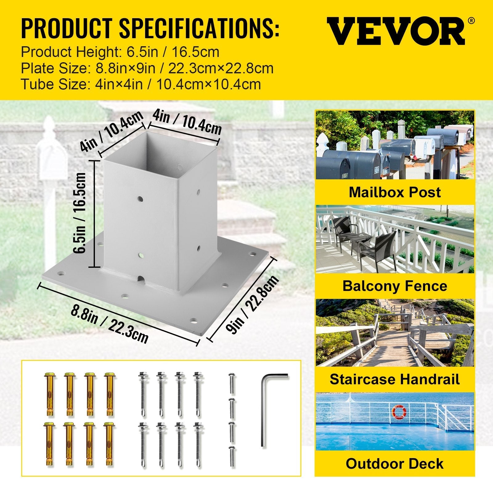 Vevor Post Base Mailbox Base Plate 4"x4" White Powder-coated Steel Surface Mount 