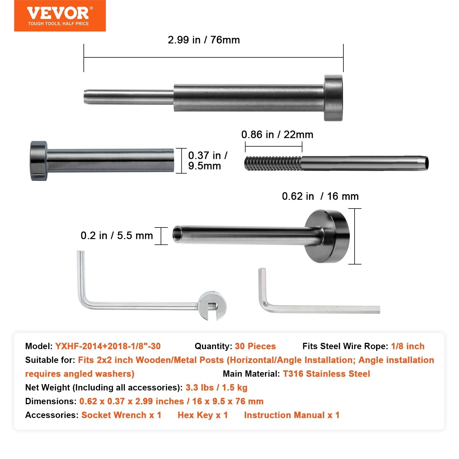 VEVOR 30 Pack Invisible Cable Railing kit, T316 Stainless Steel 1/8" Invisible Receiver and Swage Stud End for Cable Railing, Swage Tensioner 1/8" for Wood/Metal Post, Cable Railing Hardware, Black 