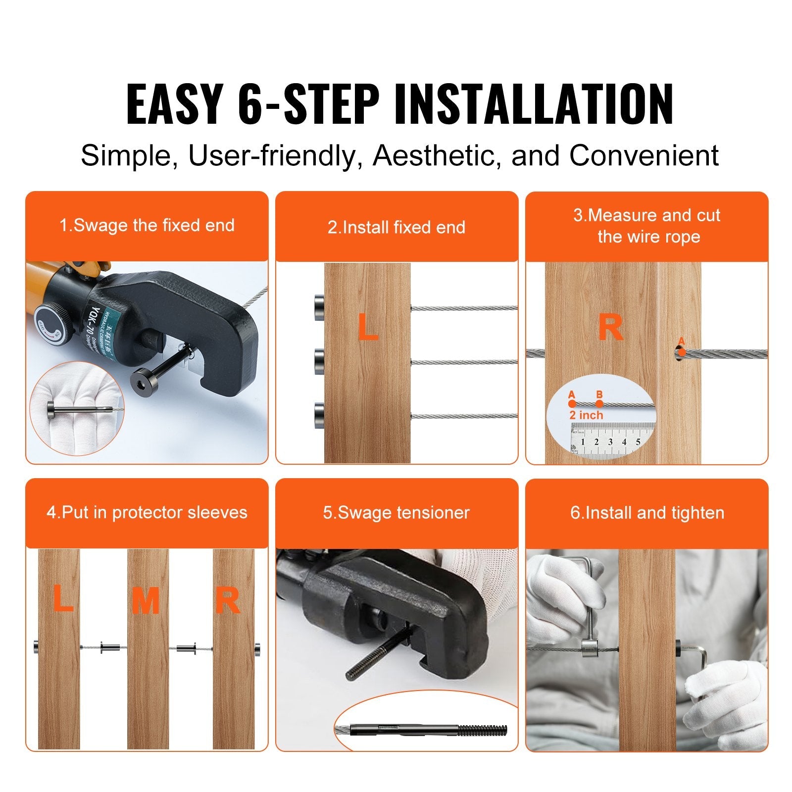 VEVOR 40 Pack Invisible Cable Railing kit, T316 Stainless Steel 1/8" Invisible Receiver and Swage Stud End for Cable Railing, Swage Tensioner 1/8" for Wood/Metal Post, Cable Railing Hardware, Black 