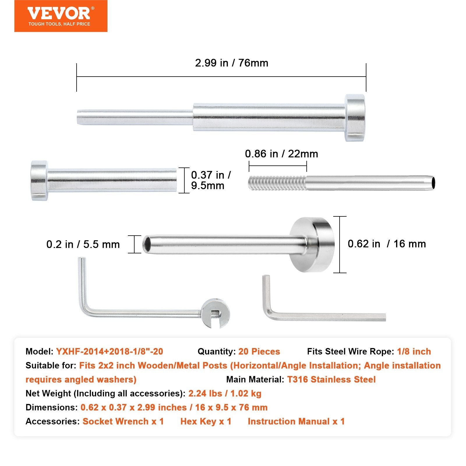VEVOR 20 Pack Invisible Cable Railing kit, T316 Stainless Steel 1/8" Invisible Receiver and Swage Stud End for Cable Railing, Swage Tensioner 1/8" for Wood/Metal Post, Cable Railing Hardware, Silver 