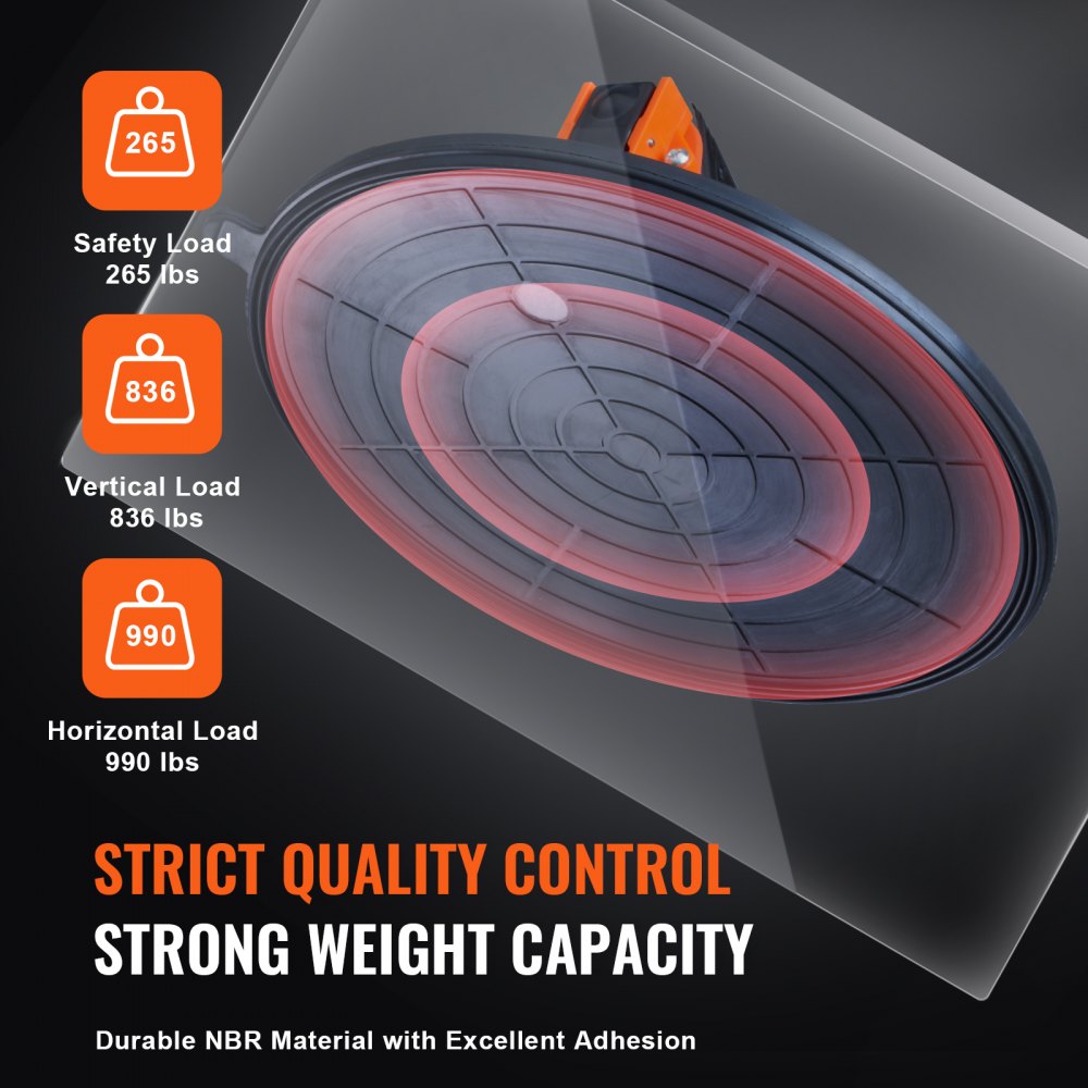 VEVOR Glass Suction Cup, 10" 990 lbs Load Capacity, Vacuum Suction Cup with Steel Handle & Carry Box, Heavy Duty Industrial Suction Cup Lifter Tool for Glass, Granite, Tile, Metal, Wood Panel Lifting 