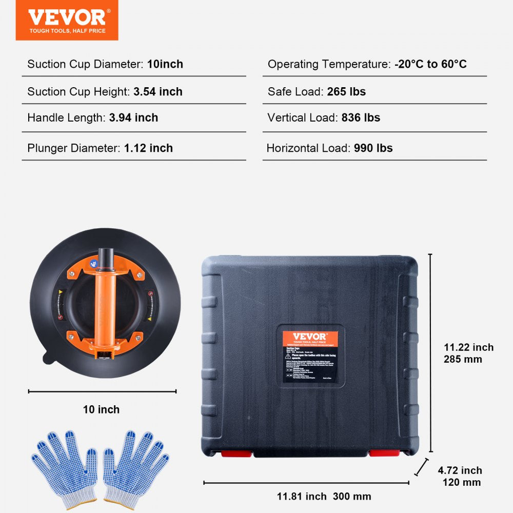 VEVOR Glass Suction Cup, 10" 990 lbs Load Capacity, Vacuum Suction Cup with Steel Handle & Carry Box, Heavy Duty Industrial Suction Cup Lifter Tool for Glass, Granite, Tile, Metal, Wood Panel Lifting 