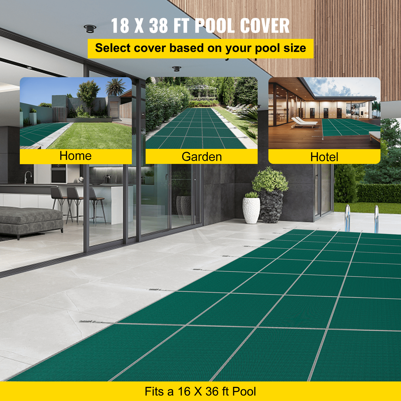 VEVOR Pool Safety Cover, Inground Pool Cover Fit for PP Material, Rectangle Inground Safety Pool Cover Green, Mesh Solid Pool Safety Cover for Swimming Pool Winter Safety Cover (16x36 ft) 