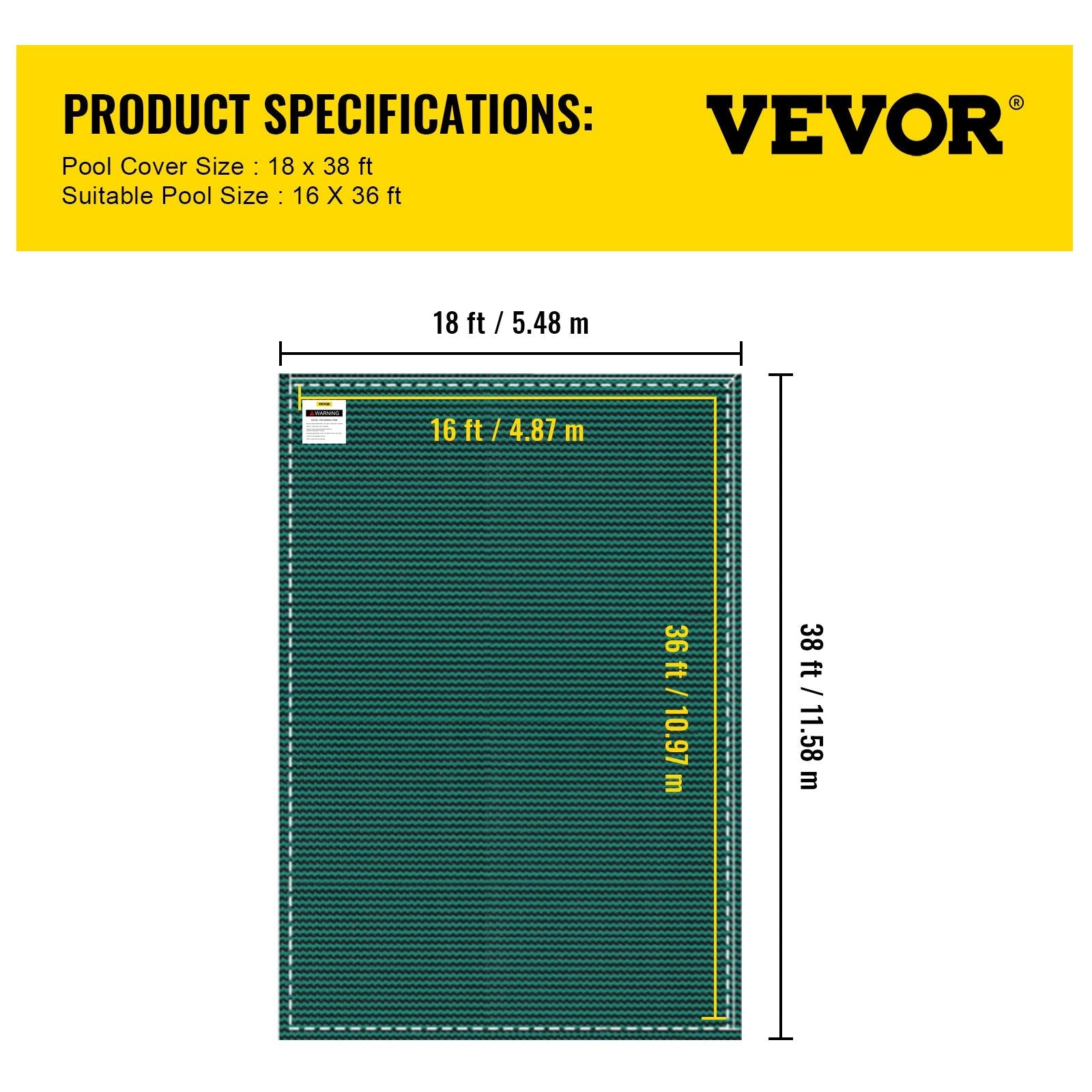 VEVOR Pool Safety Cover, Inground Pool Cover Fit for PP Material, Rectangle Inground Safety Pool Cover Green, Mesh Solid Pool Safety Cover for Swimming Pool Winter Safety Cover (16x36 ft) 