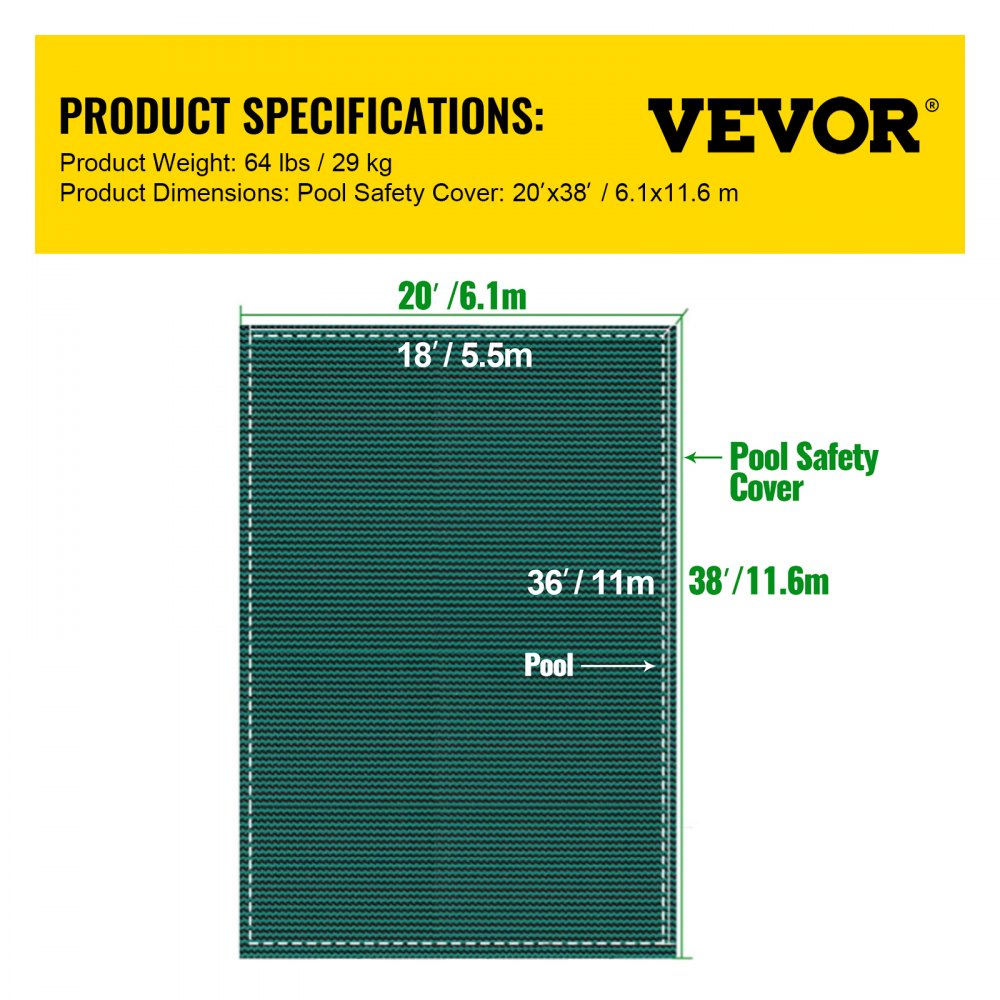 VEVOR Pool Safety Cover Fits 20 x 38 ft Rectangle Inground Safety Pool Cover Green Mesh Solid Pool Safety Cover for Swimming Pool Winter Safety Cover 