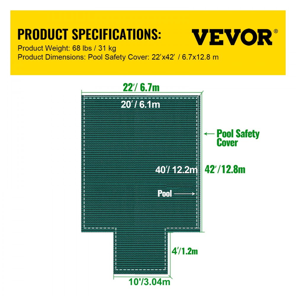 VEVOR Pool Safety Cover Fits 20x40ft Rectangle Inground Safety Pool Cover Green Mesh with 4x8ft Center End Steps Solid Pool Safety Cover for Swimming Pool Winter Safety Cover 