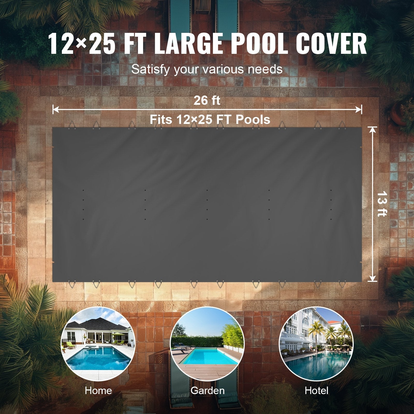 VEVOR Pool Safety Cover, 13x26 ft In-ground Pool Cover, Charcoal In-ground Pool Cover, PVC Pool Covers Rectangular Safety Pool Cover Solid Safety Pool Cover for Swimming Pool Winter Protection Cover 