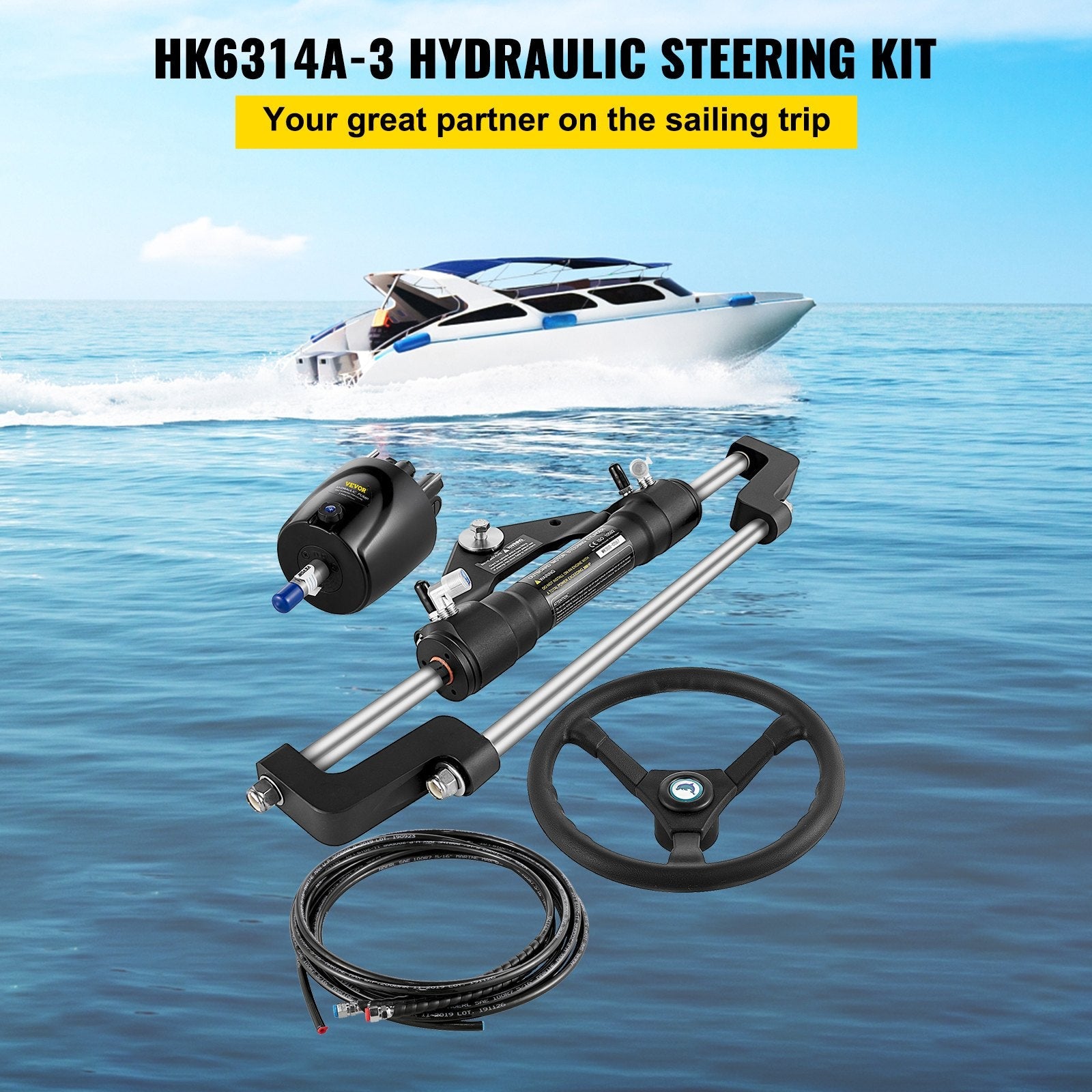 VEVOR Hydraulic Boat Steering Kit, 300HP Hydraulic Steering Kit Helm Pump, Hydraulic Outboard Steeing Kit with 14 Feet Hydraulic Steering Hose for Boat Steering System 