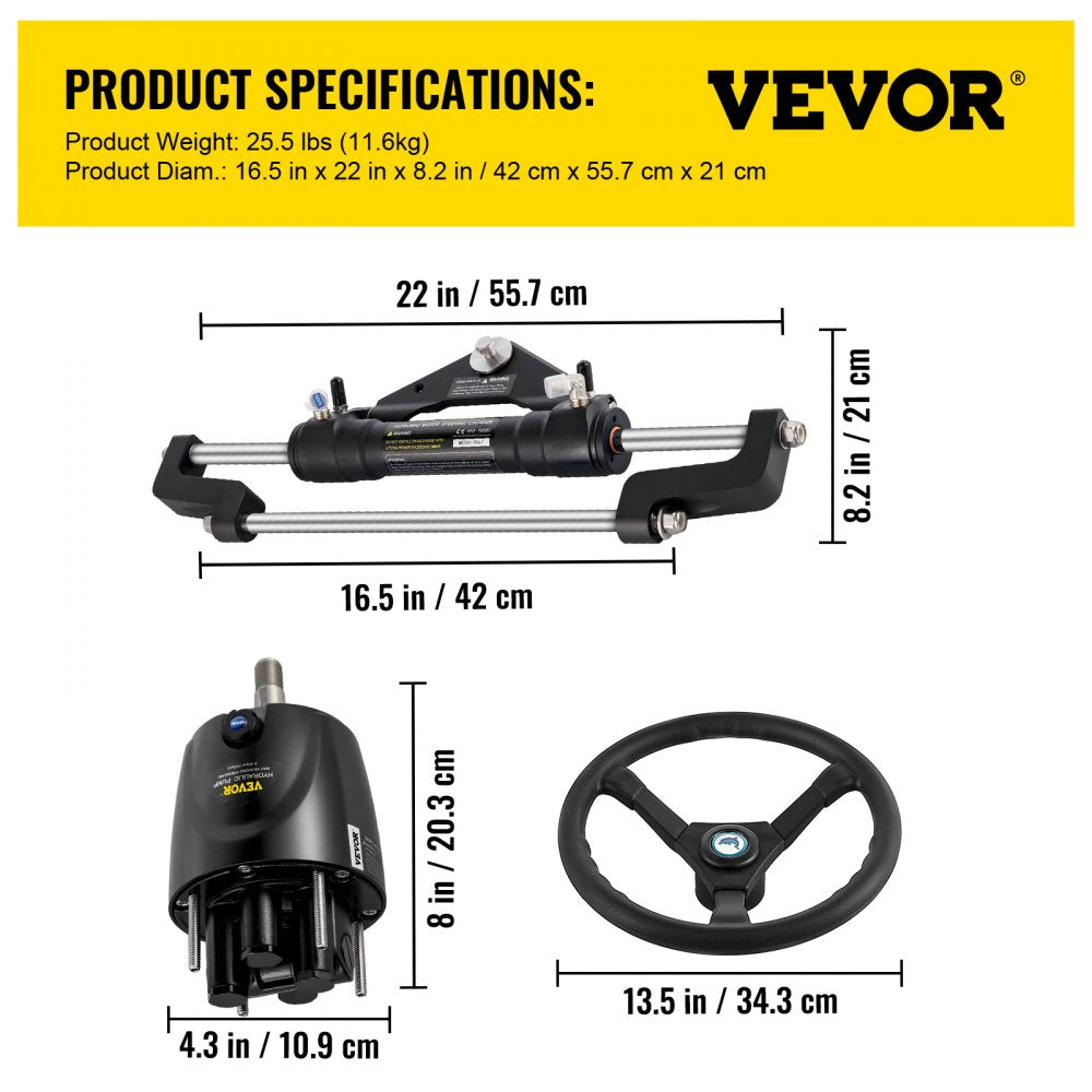 VEVOR Hydraulic Outboard Steering Kit 300HP, Hydraulic Steering Kit Helm Pump,Hydraulic Boat Steering Kit with 22 Feet Hydraulic Steering Hose for Boat Steering System 