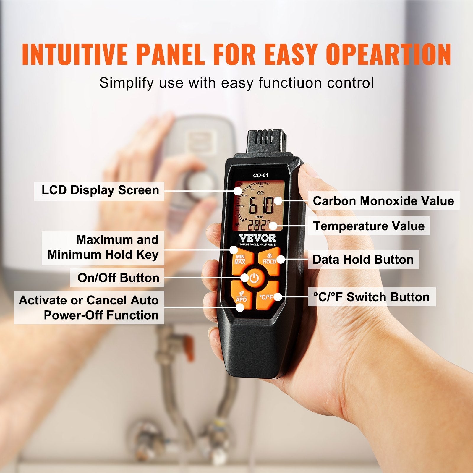 VEVOR Carbon Monoxide Detectors, 0-1000PPM Portable CO Detector with Audible & Visual Alarm, Handheld CO Gas Meter Tester with Temp Sensor, LCD Backlit Screen for Industrial/Home (Include 3 x Battery) 