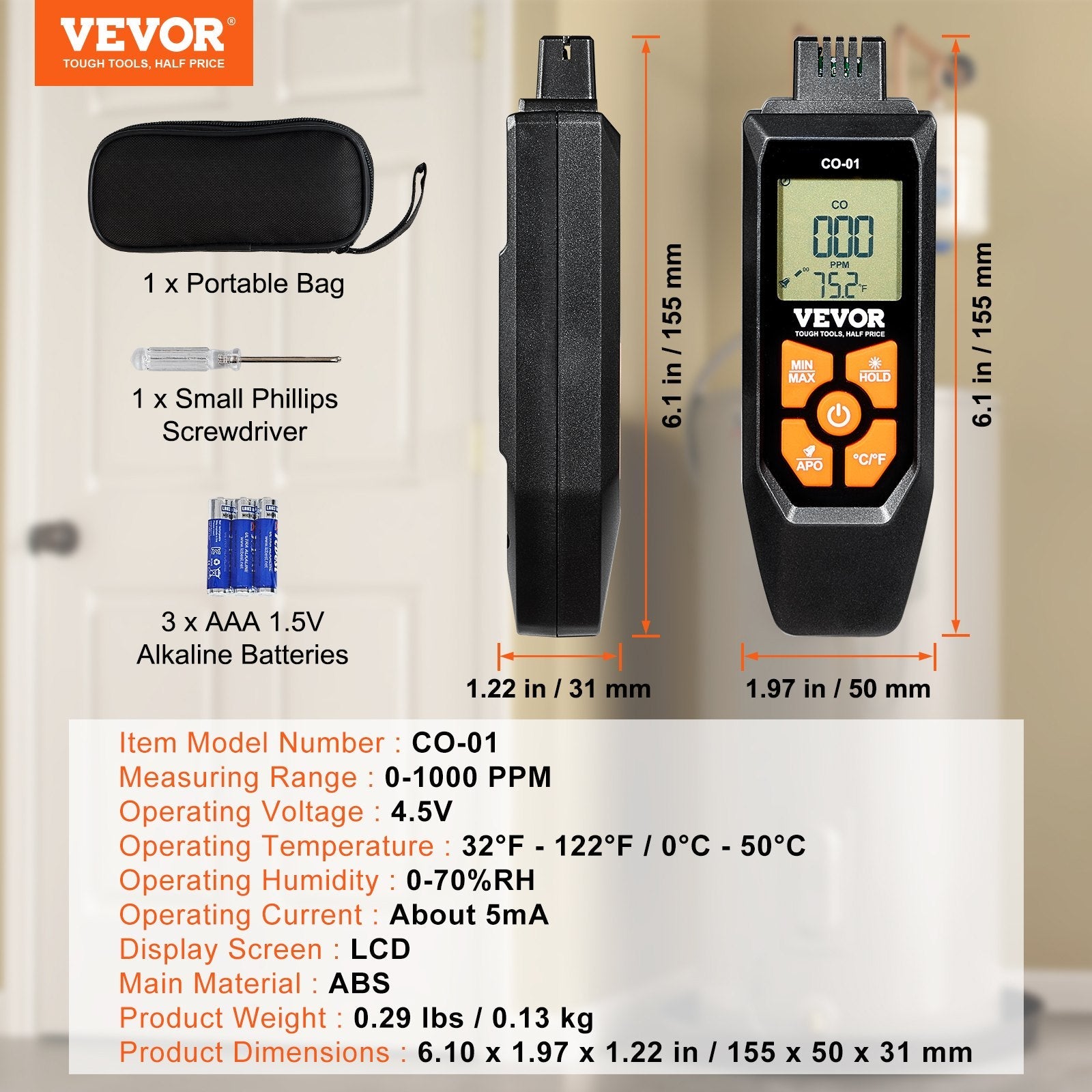 VEVOR Carbon Monoxide Detectors, 0-1000PPM Portable CO Detector with Audible & Visual Alarm, Handheld CO Gas Meter Tester with Temp Sensor, LCD Backlit Screen for Industrial/Home (Include 3 x Battery) 