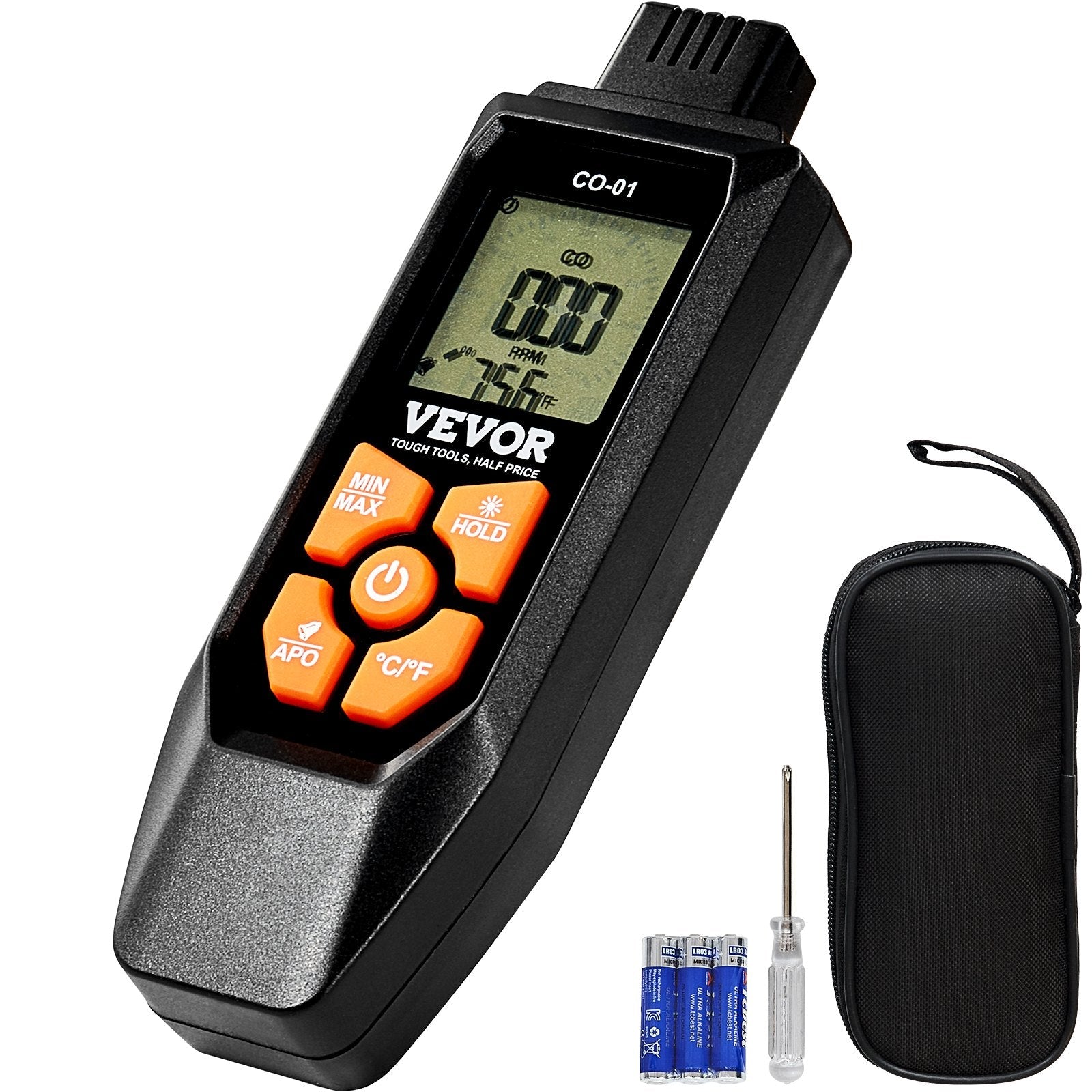 VEVOR Carbon Monoxide Detectors, 0-1000PPM Portable CO Detector with Audible & Visual Alarm, Handheld CO Gas Meter Tester with Temp Sensor, LCD Backlit Screen for Industrial/Home (Include 3 x Battery) 