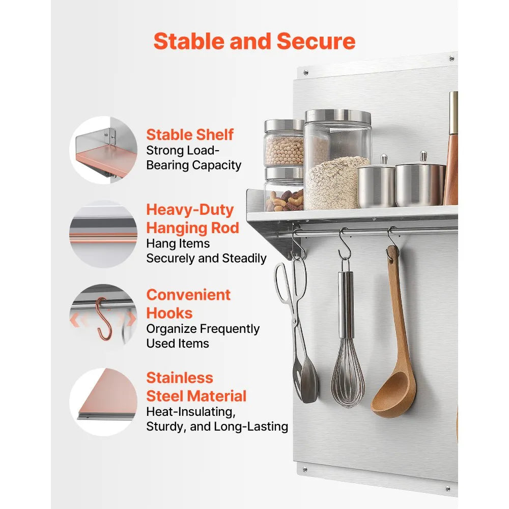 VEVOR 36" x 30" Stainless Steel Stove Backsplash with Storage Shelf & Hanging Hooks