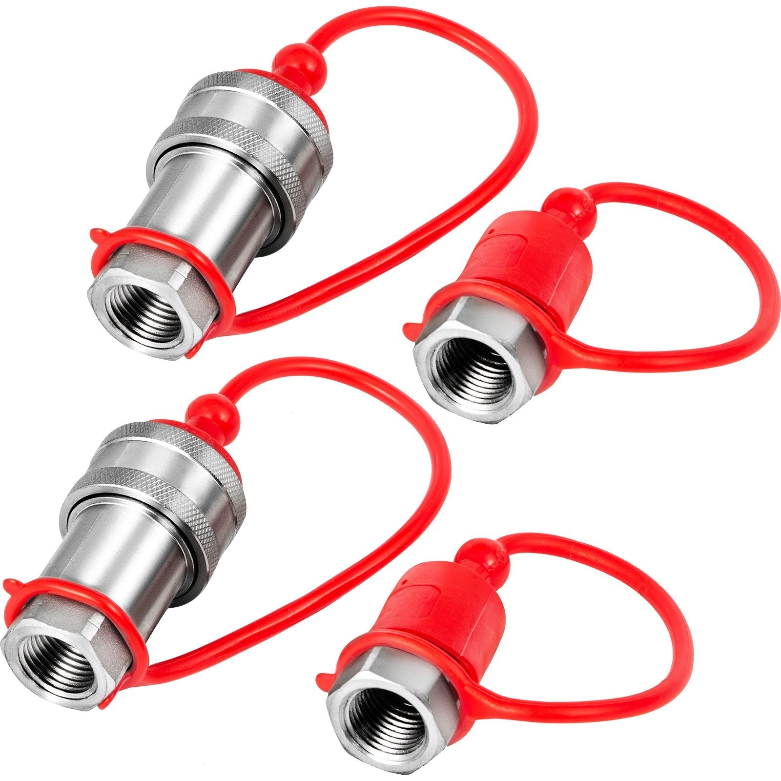 VEVOR Flat Face Hydraulic Couplers 1/2” Body 1/2” NPT Thread, Skid Steer Quick Connect Couplings, 4061 PSI Hydraulic Fittings, 2 Sets Hydraulic Couplers w/ Dust Caps for Bobcat Case, Kubota 